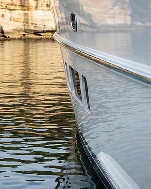 Polished white hull curving away above its own reflection in still water