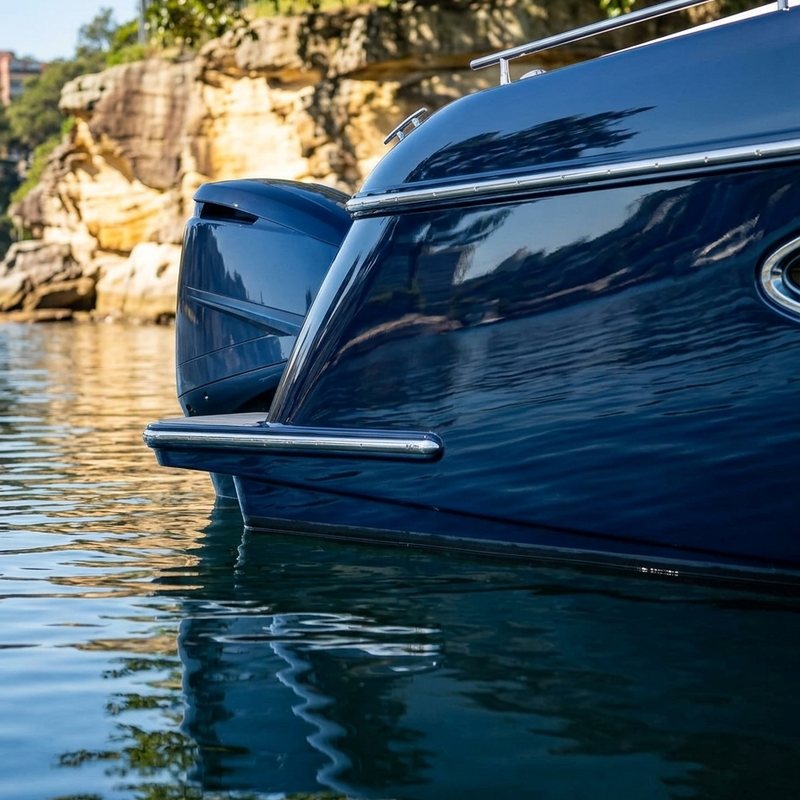 Glossy navy hull and outboard reflecting sandstone cliffs on still water
