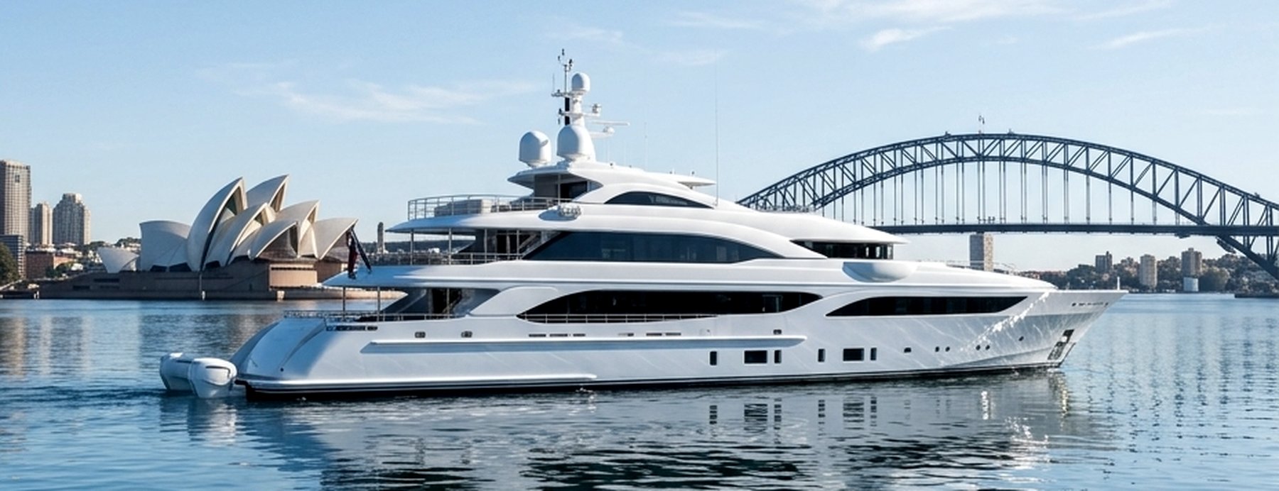 Large motor yacht at anchor on Sydney Harbour with the Opera House and Harbour Bridge behind