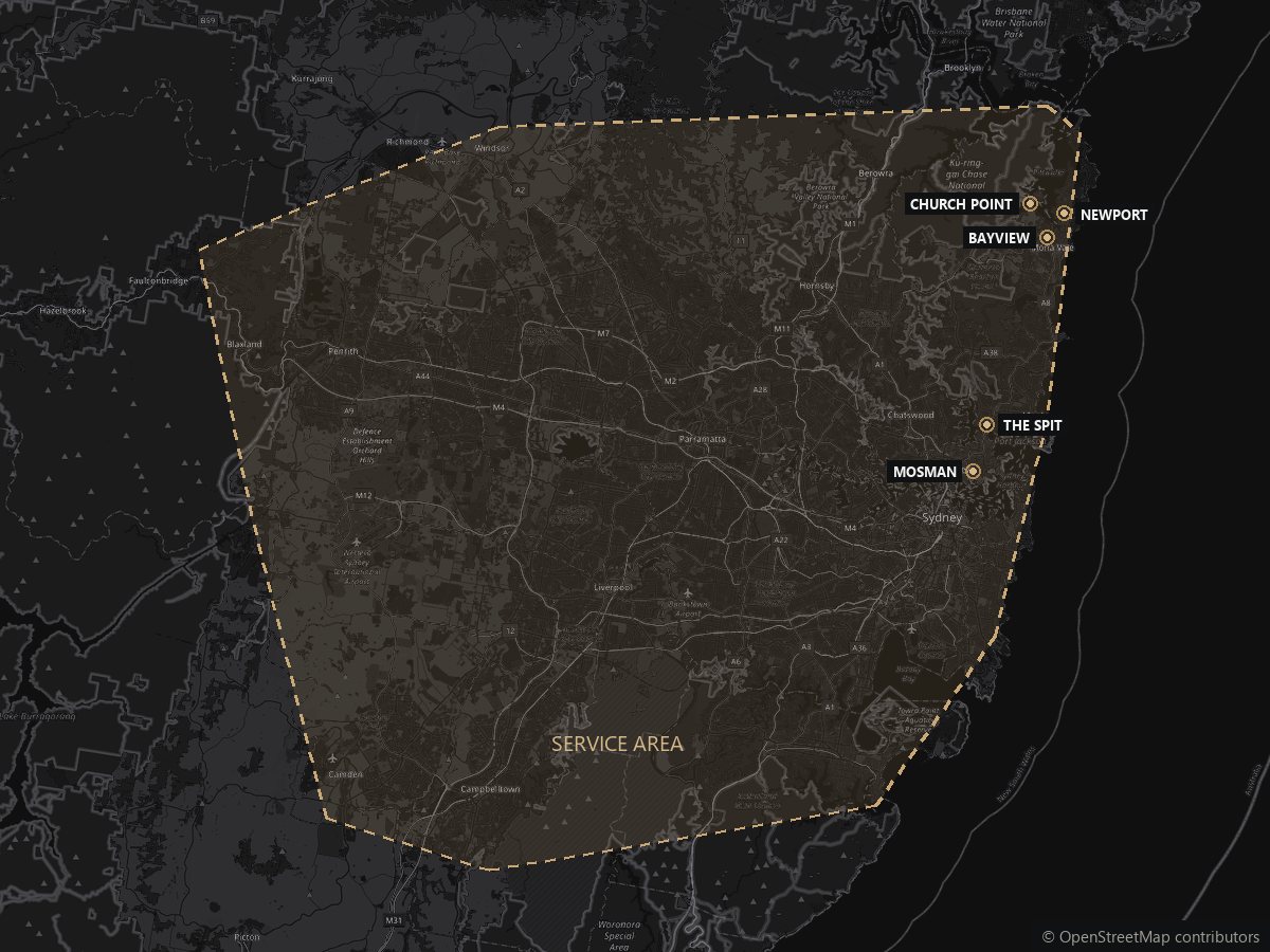 Map of the Hassle Free Boating service area across Greater Sydney, from Richmond and Penrith to Campbelltown, Cronulla and the Northern Beaches, marking Church Point, Bayview, Newport, The Spit and Mosman