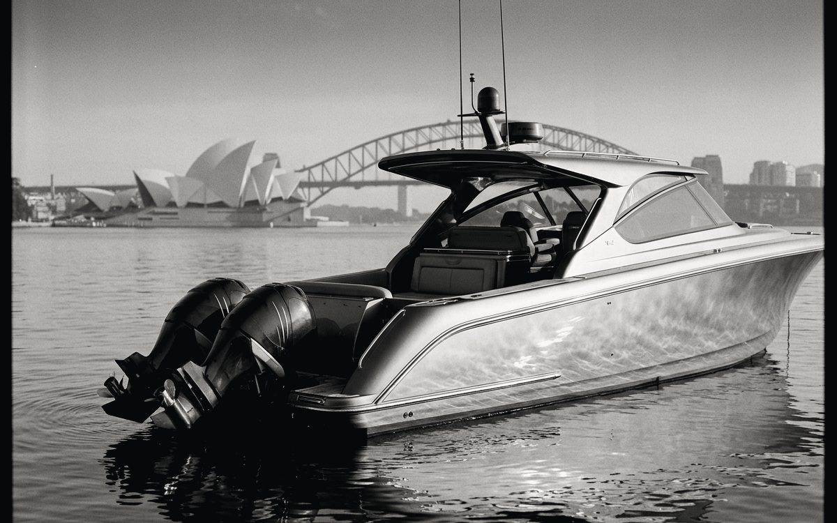Motor cruiser on Sydney Harbour, the Opera House and Harbour Bridge behind